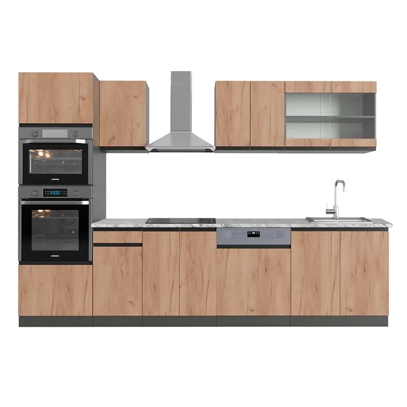Kitchenette R-Line Stejar Goldkraft/antracit 300 cm cu dulap înalt, marmură AP Vicco Doar azi
