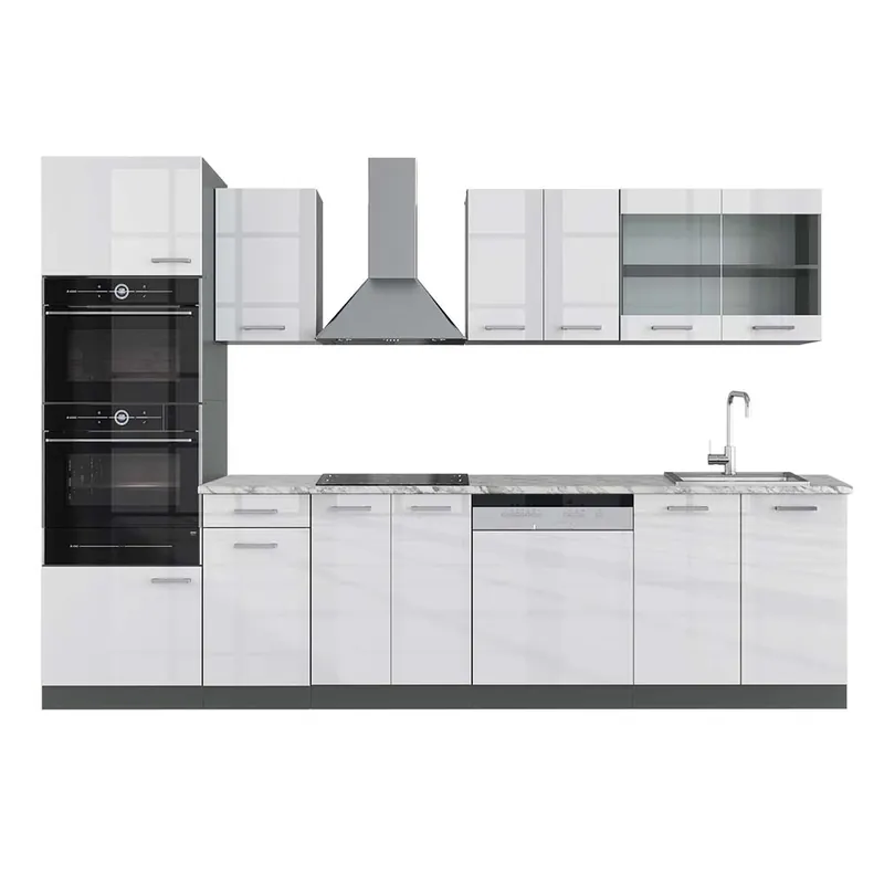 Bestseller Kitchenette R-Line Alb lucios/antracit 300 cm cu dulap înalt, marmură AP Vicco
