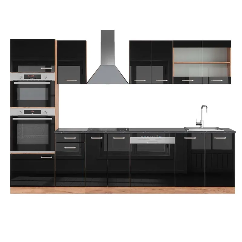 Kitchenette R-Line Negru lucios/Stejar Goldkraft 300 cm cu dulap înalt, AP antracit Vicco Ofertă