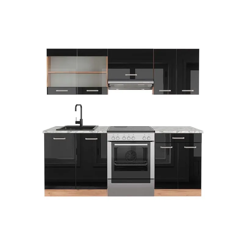 Kitchenette R-Line Negru lucios/Stejar Goldkraft 200 cm , AP Marmură Vicco Cel mai bun preț