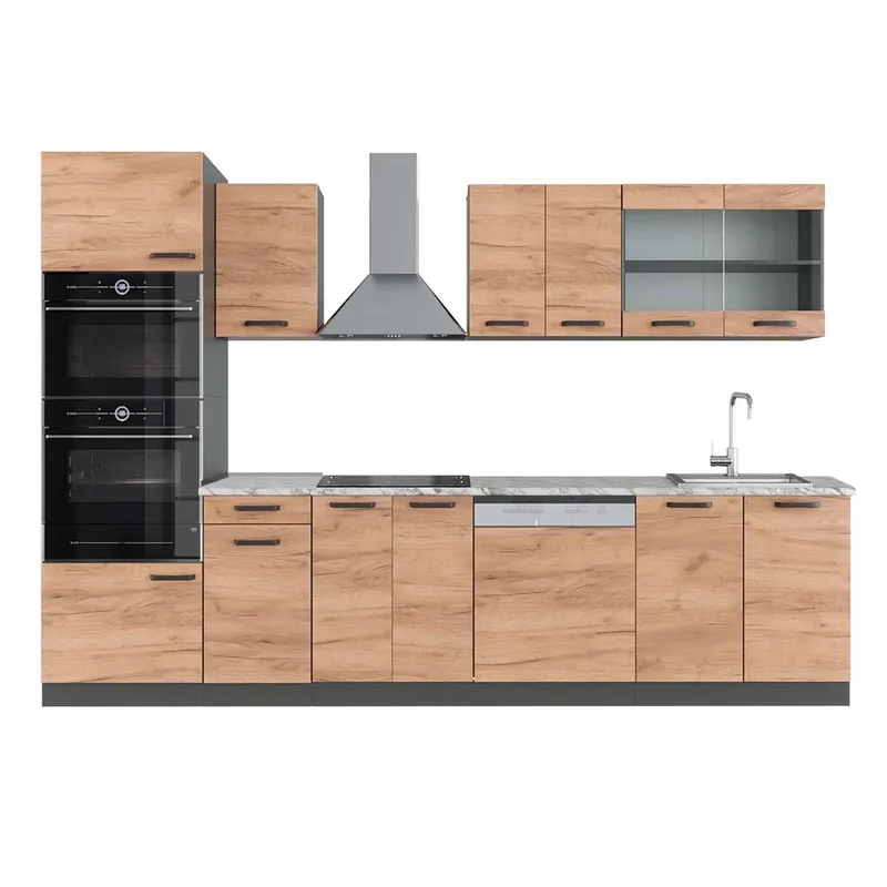 Preț promoțional Kitchenette R-Line Stejar Goldkraft/antracit 300 cm cu dulap înalt, marmură AP Vicco