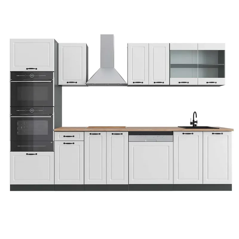 Kitchenette R-Line Casă de țară albă/antracit 300 cm cu dulap înalt, stejar AP Vicco Premium