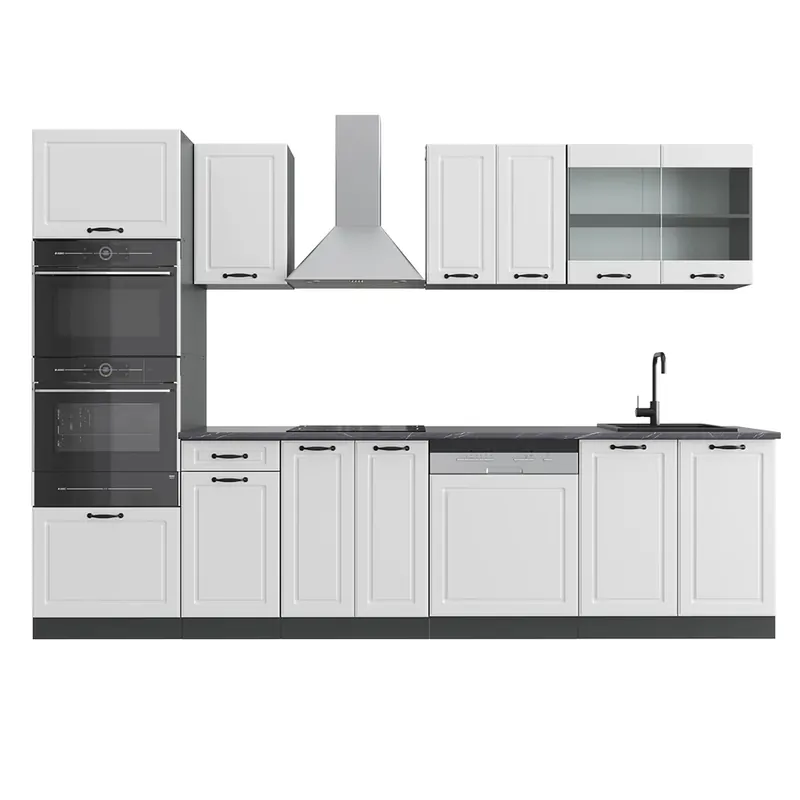 Cumpărături sigure Kitchenette R-Line Casă de țară albă/antracit 300 cm cu dulap înalt, AP antracit Vicco