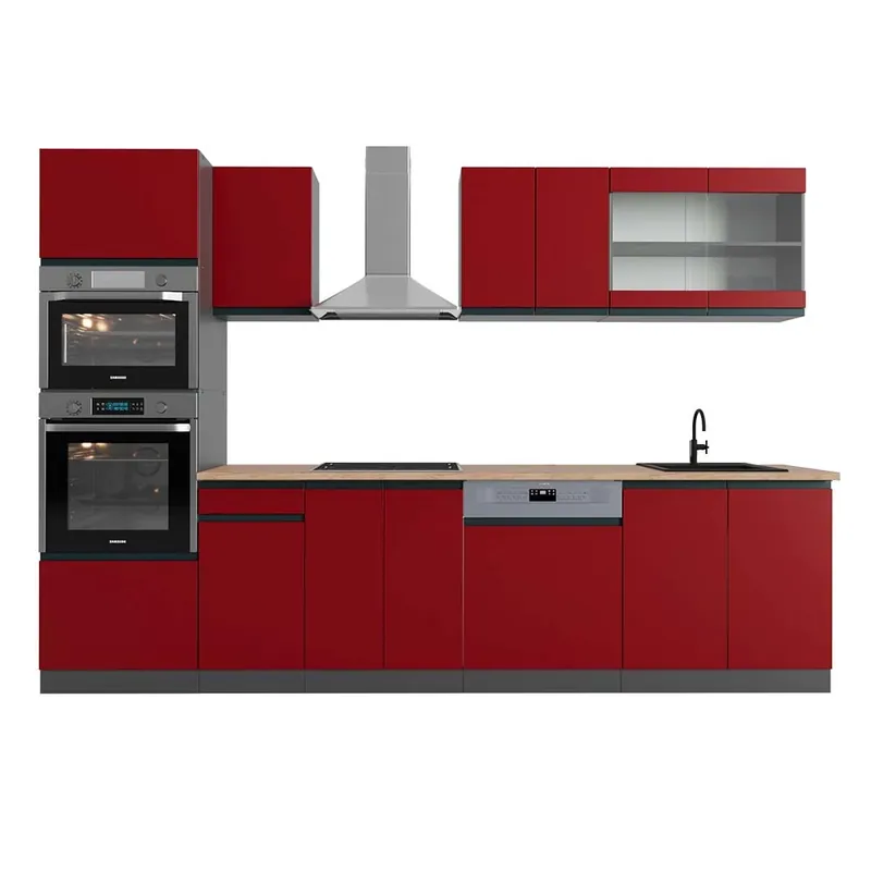 Noutate Kitchenette R-Line Roșu/antracit 300 cm cu dulap înalt, stejar AP Vicco