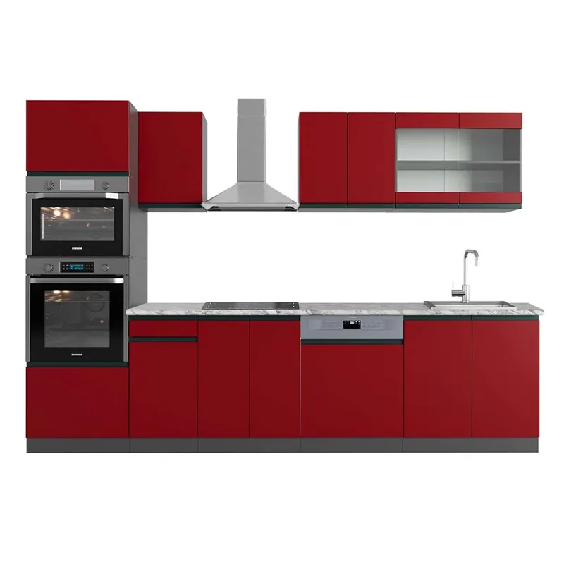 Kitchenette R-Line Roșu/antracit 300 cm cu dulap înalt, marmură AP Vicco Ultima șansă