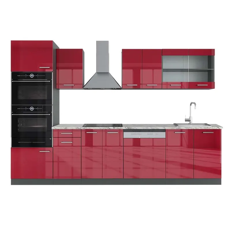 Vezi acum Kitchenette R-Line Roșu lucios/antracit 300 cm cu dulap înalt, marmură AP Vicco