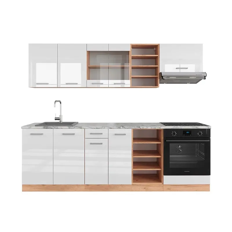 Kitchenette R-Line Alb lucios/stejar Goldkraft 240 cm , AP Marmură Vicco Cel mai bun preț