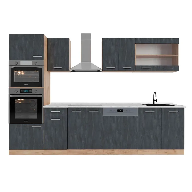 Vezi acum Kitchenette R-Line Beton negru/stejar Goldkraft 300 cm marmură AP Vicco