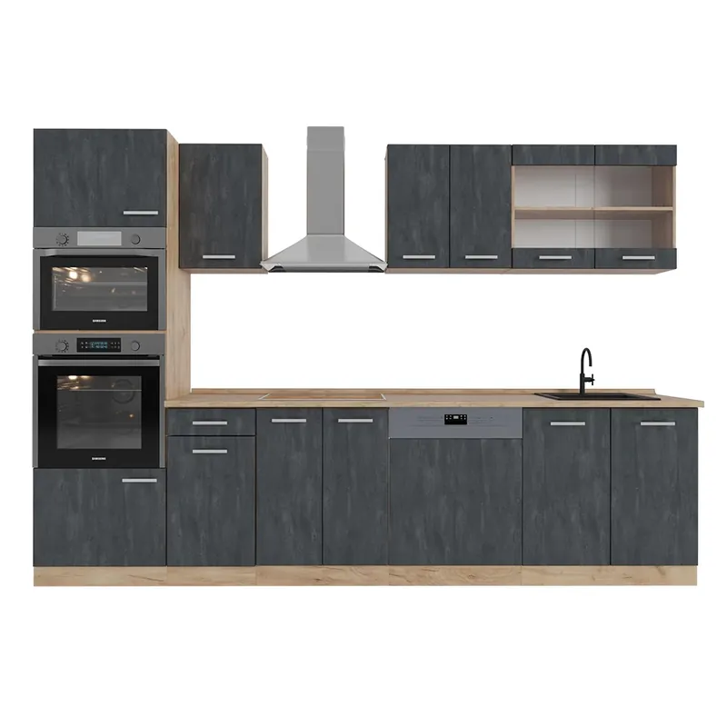 Comandă acum Kitchenette R-Line Beton negru/stejar Goldkraft 300 cm AP stejar Vicco