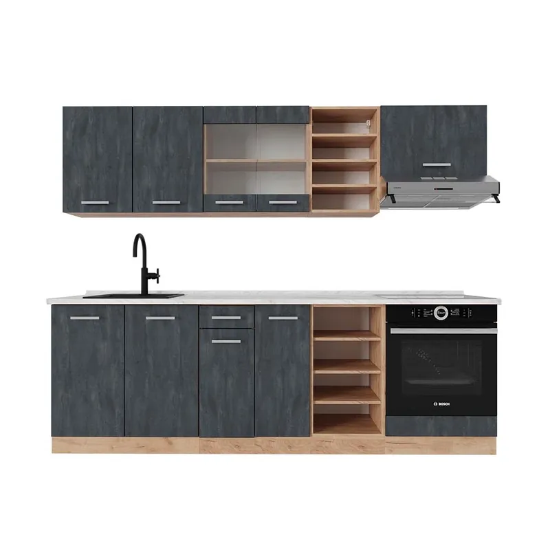 Ieftin Kitchenette R-Line Beton negru/stejar Goldkraft 240 cm marmură AP Vicco