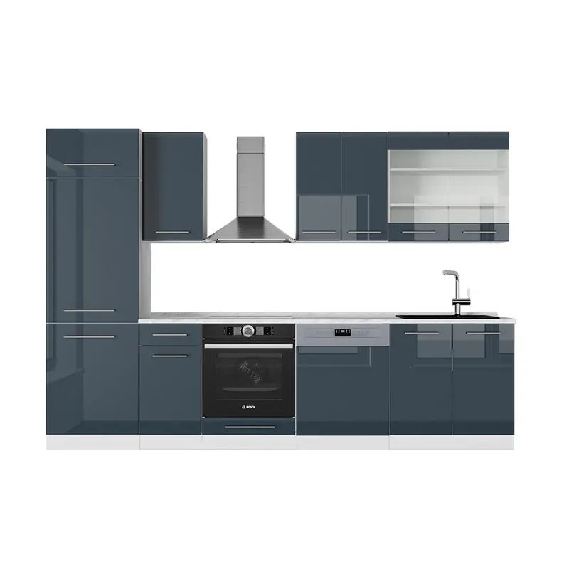Premium Kitchenette Fame-Line Albastru închis mare luciu/alb 300 cm , AP Marmură Vicco