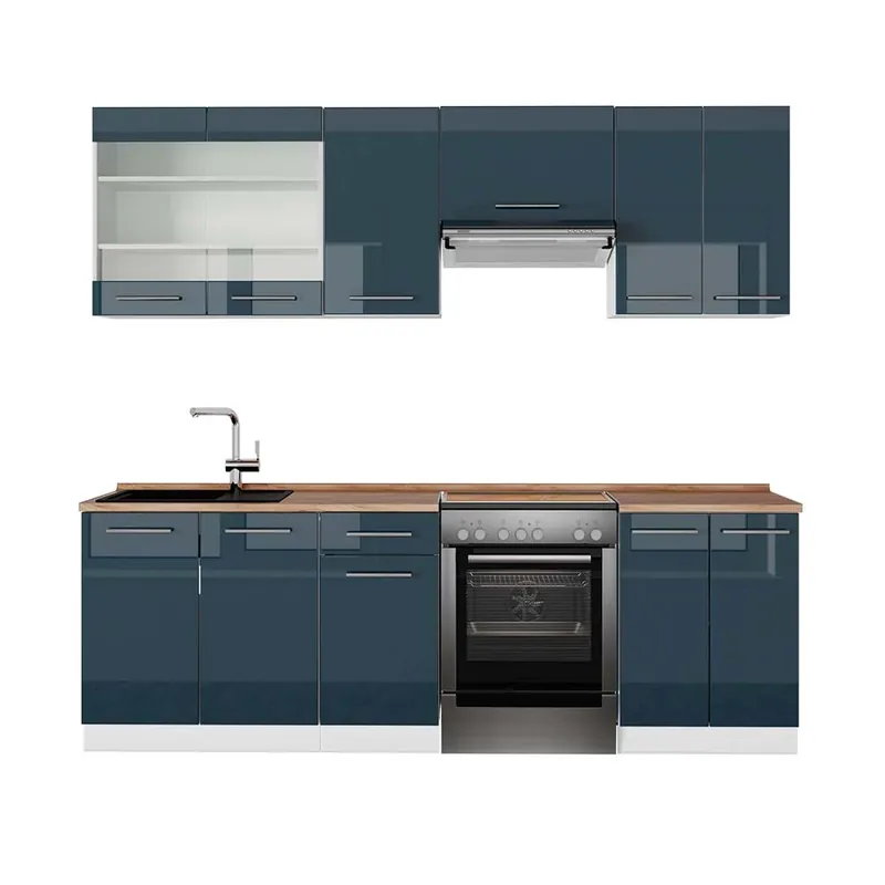 Kitchenette Fame-Line Albastru închis mare luciu/alb 240 cm , AP Stejar Vicco Plată securizată
