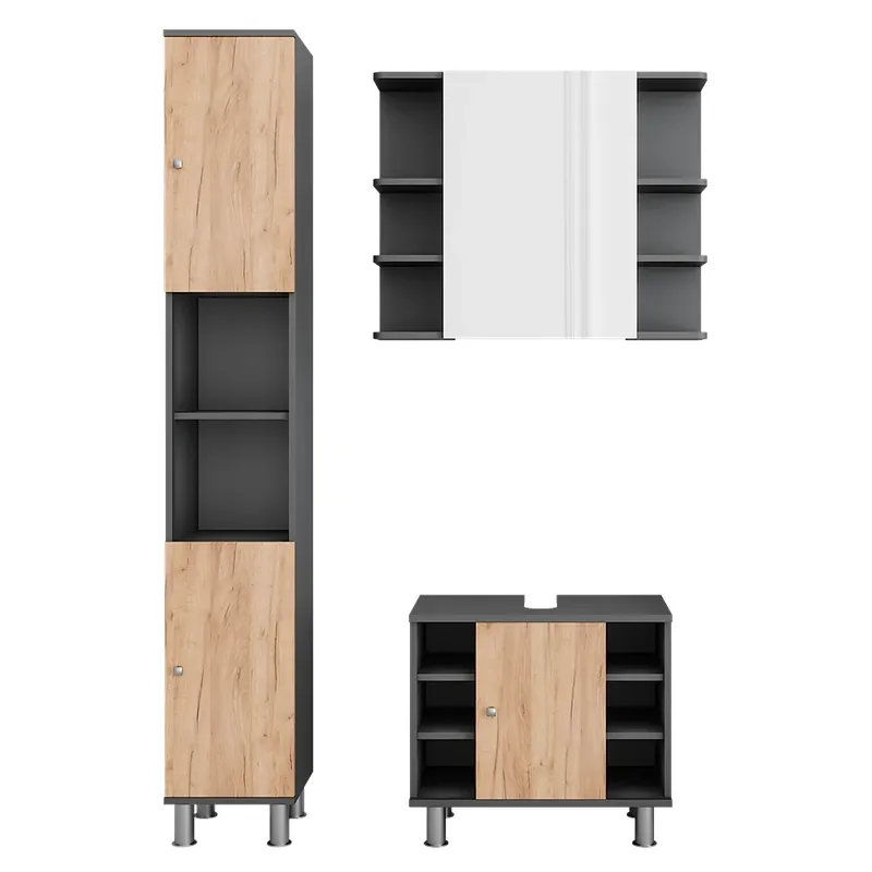 Cumpără online Set de mobilier de baie Fynn Stejar antracit/Goldkraft 3 părți cu unitate înaltă Vicco