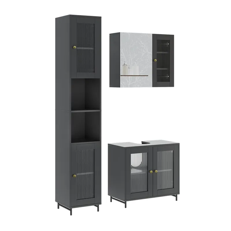 Discount Set mobilier baie Malte Gri 3 părți cu unitate înaltă Vicco
