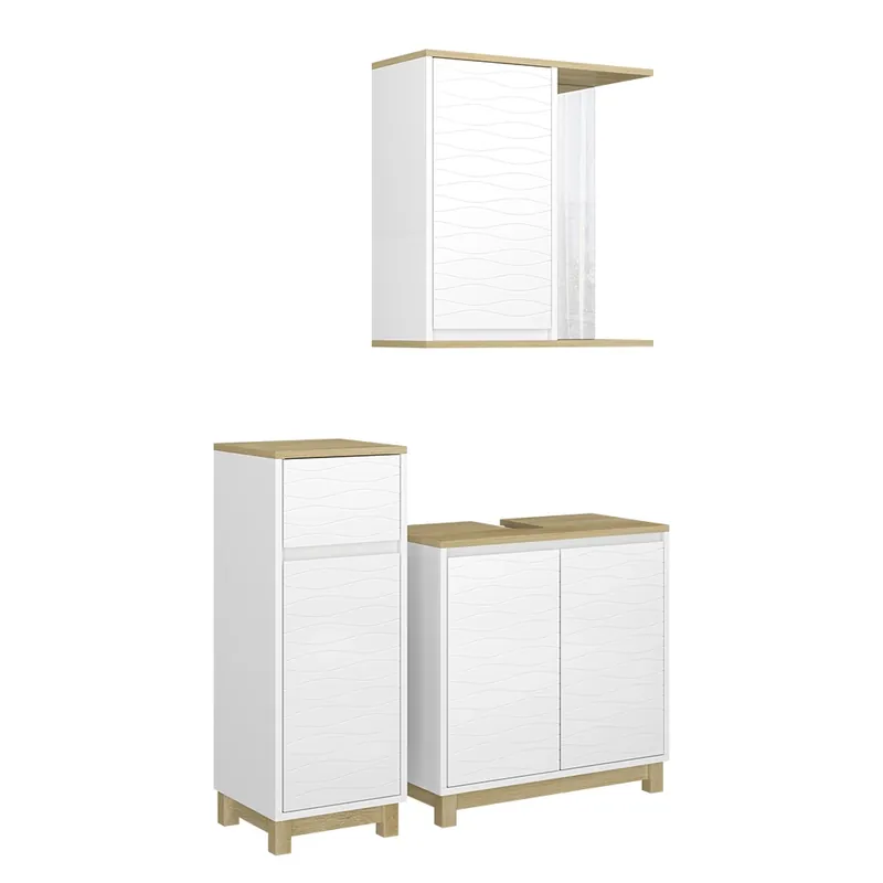Set de mobilier de baie Livia Alb / stejar 3 piese, cu cabinet midi Vicco Ofertă