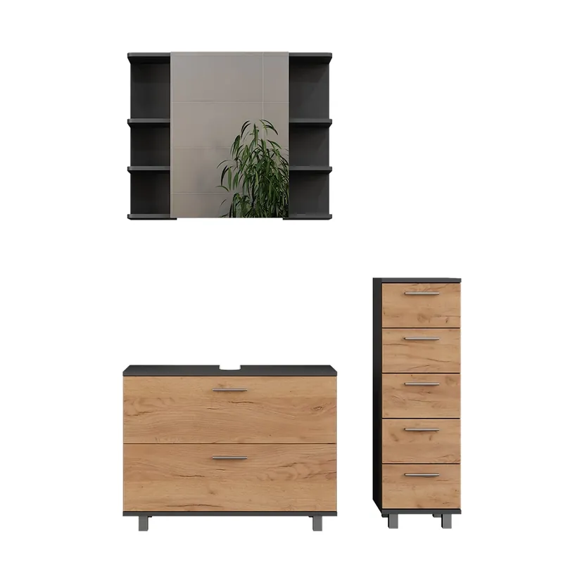 Bestseller Set mobilier baie Ilias Stejar Goldkraft/antracit 3 părți, cu unitate de bază 80 cm Vicco