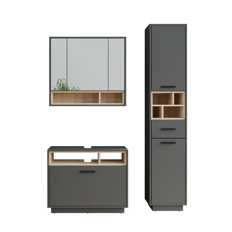 Preț mic Set mobilier baie Beatrice Antracit/Sonoma 3 părți cu unitate înaltă Vicco