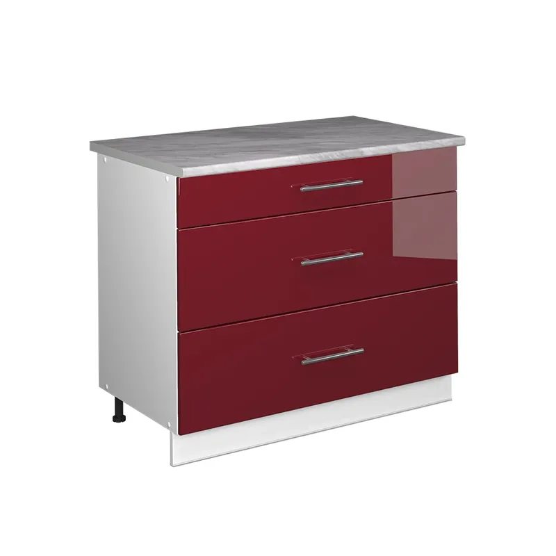 Discount Dulap de bază de bucătărie Fame-Line Bordeaux lucios ridicat/Alb 100 cm, AP Marmură Vicco