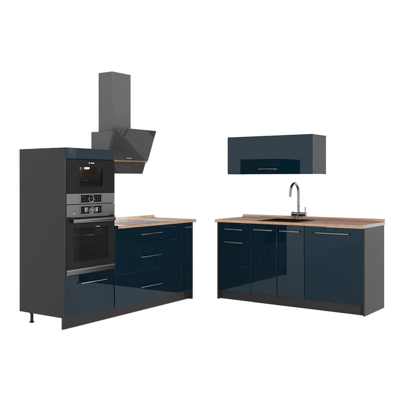 Cel mai vândut Bucătărie Fame-Line Albastru închis înalt lucios/antracit 340 cm, AP Stejar Vicco