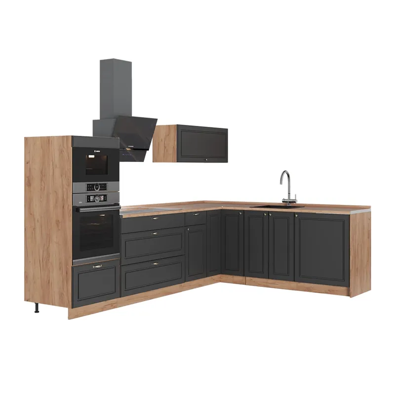 Bucătărie pe colț Fame-Line Casă de țară antracit-aur/Stejar auriu 287 x 51.6 cm fara blat Vicco Noutate