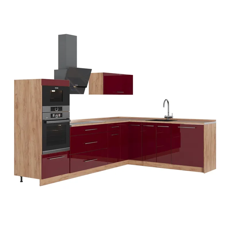 Disponibil imediat Bucătărie pe colț Fame-Line Bordeaux lucios ridicat/Stejar auriu 287 x 51.6 cm fara blat Vicco