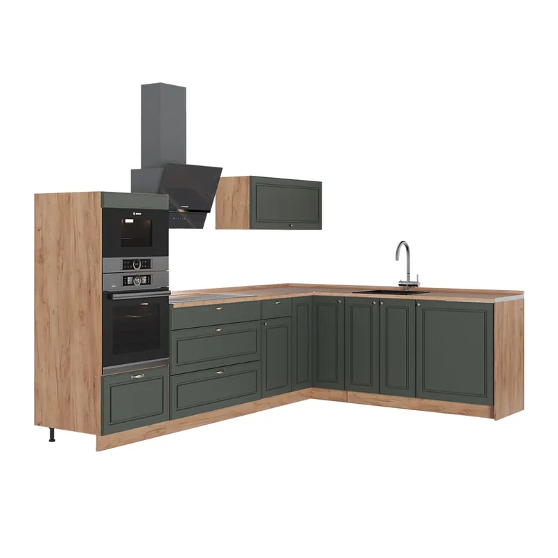 Reduceri Bucătărie pe colț Fame-Line Casă de țară verde și aurie/Stejar auriu 287 x 51.6 cm fara blat Vicco