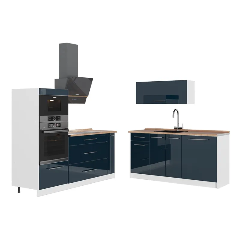 Bestseller Bucătărie Fame-Line Albastru închis înalt lucios/Alb 340 cm, AP Stejar Vicco