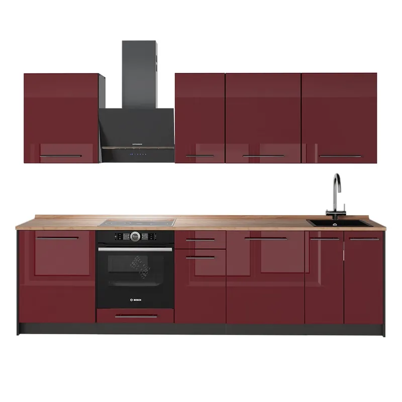 Ofertă exclusivă Chicinetă Fame-Line Bordeaux lucios ridicat/antracit 280 cm, AP Stejar Vicco