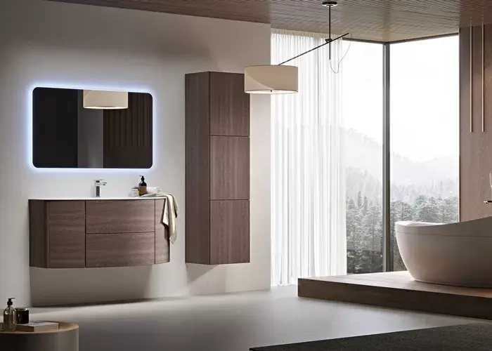 Cumpărături sigure Set mobilier de baie cu lavoar sticla si oglinda, stejar inchis (Rovere sc. soft), Baden Haus Eden 54408+82368+40312