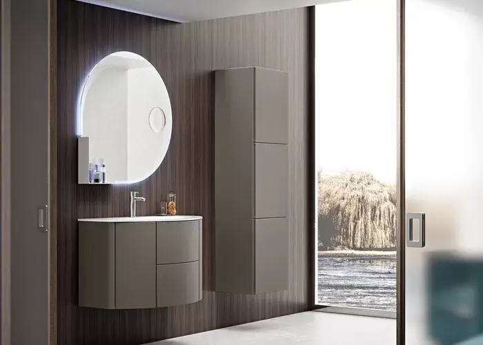 Bestseller Set mobilier de baie cu lavoar sticla si oglinda, gri moale (Grigio talpa), Baden Haus Eden 55069+82399+45011