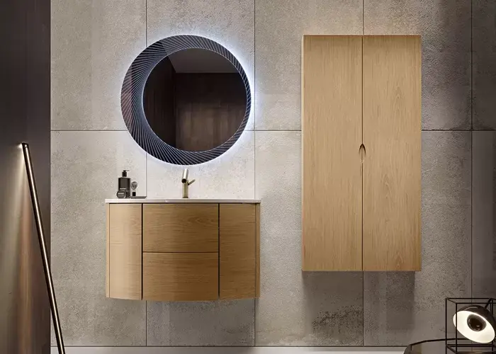Reduceri Set mobilier de baie cu lavoar sticla, stejar tabacoo (Rovere tabacco), Baden Haus Eden 55073+82399