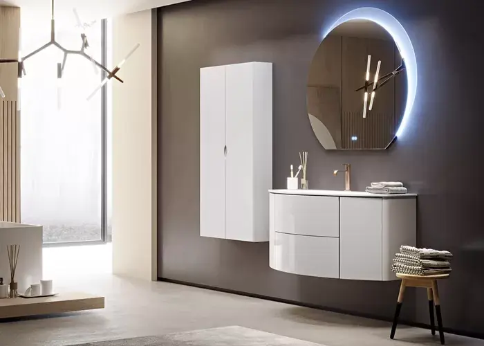 Set mobilier de baie cu lavoar rasina si oglinda, alb lucios (Bianco lucido), Baden Haus Eden 54861+50178+45010 Nu rata
