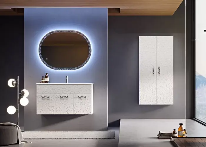 Cumpără online Set mobilier de baie cu lavoar rasina si oglinda LED, alb mat (Bianco opaco), Baden Haus Miami 55319+50170+44997