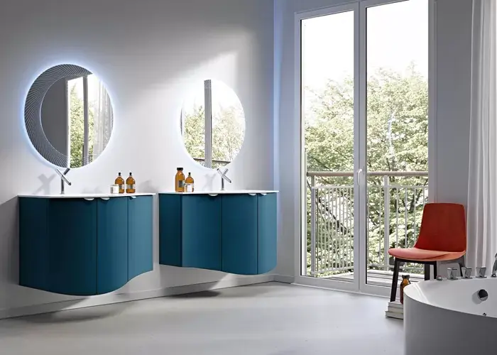 Set mobilier de baie cu lavoar bazin stanga din rasina si oglinda LED, albastru petrol (Blu petrolio), Baden Haus Eclisse 55172+55175+50153+45010 Reducere specială