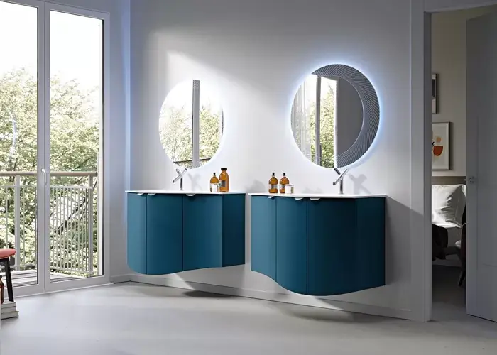 Set mobilier de baie cu lavoar bazin dreapta din sticla si oglinda LED, albastru petrol (Blu petrolio), Baden Haus Eclisse 55172+55178+82408+45010 Super ofertă