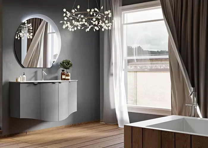 Set mobilier de baie cu lavoar bazin central din rasina, si oglinda LED, gri deschis (Grigio nuvola), Baden Haus Eclisse 55178+55172+55175+50155+45010 Plată sigură