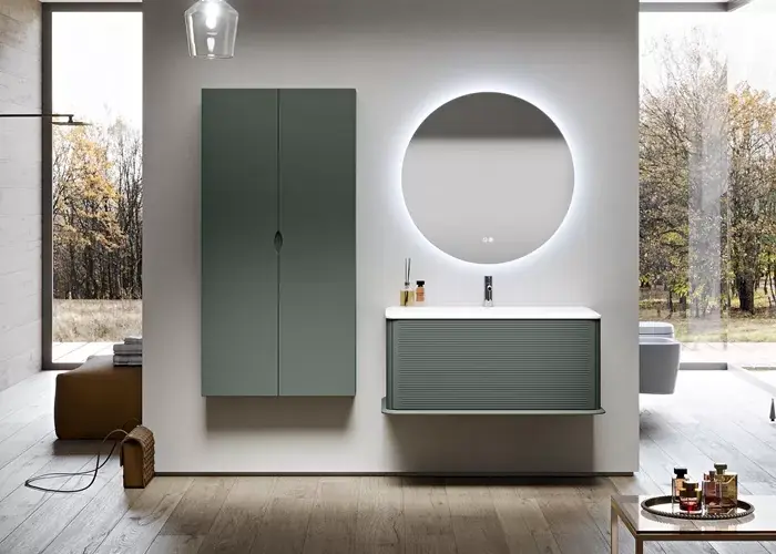 Ofertă specială Set mobilier de baie cu lavoar rasina si oglinda LED, verde mat (Verde opaco), Baden Haus Idra 55806+50264+02131