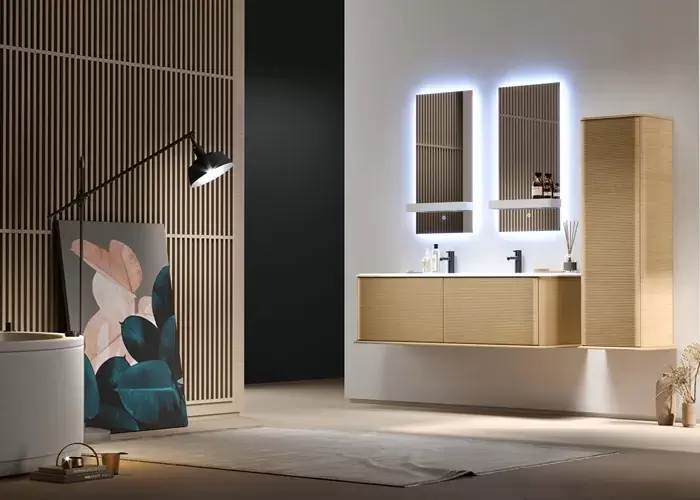 Disponibil imediat Set mobilier de baie cu lavoar rasina, stejar tabacoo (Rovere Tabacco), Baden Haus Idra 55815+50265