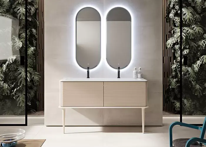 Ofertă exclusivă Set mobilier de baie cu lavoar rasina, picioare lemn si 2 oglinzi LED, bumbac alb mat (Cotone), Baden Haus Idra 55811+40444+50265+2x45095