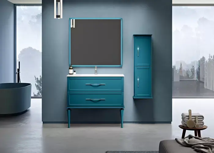 Reducere specială Set mobilier de baie cu picioare, cu lavoar ceramica, albastru petrol (Blu petrolio), Baden Haus Tiffany 54953+40388+50200