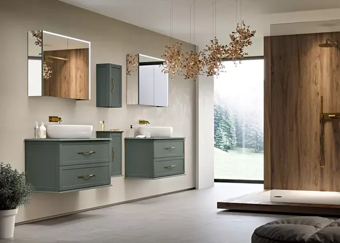 Set mobilier de baie, cu blat, lavoar ceramica si oglinda LED, verde mat (Verde opaco), Baden Haus Tiffany 55331+50311+40392+50179+45088 Bestseller