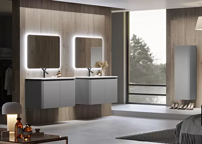 Set mobilier de baie suspendat, cu lavoar rasina mat si oflinda LED, gri deschis (Grigio nuvola), Baden Haus Icona 55229+50264+44993 Calitate înaltă