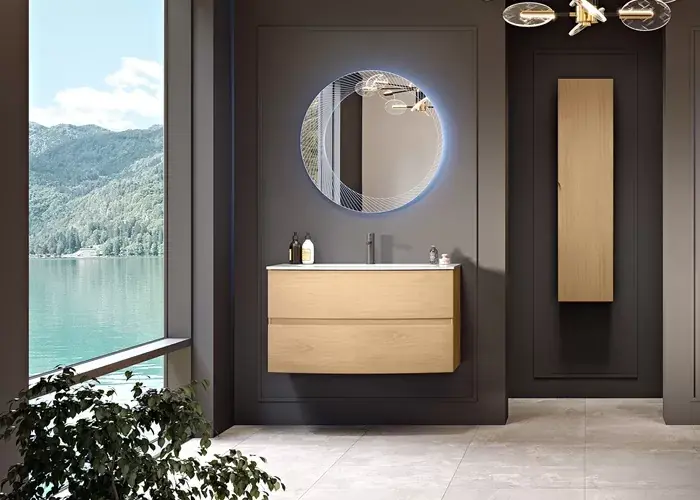 Set mobilier de baie suspendat, cu lavoar rasina si oglinda LED, stejar tabacco (Rovere tabacco), Baden Haus Elettra 55523+50193+45053 Reducere