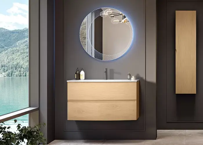 Set mobilier de baie suspendat, cu lavoar ceramica, stejar tabacco (Rovere tabacco), Baden Haus Elettra 55523+50132 Ultima șansă