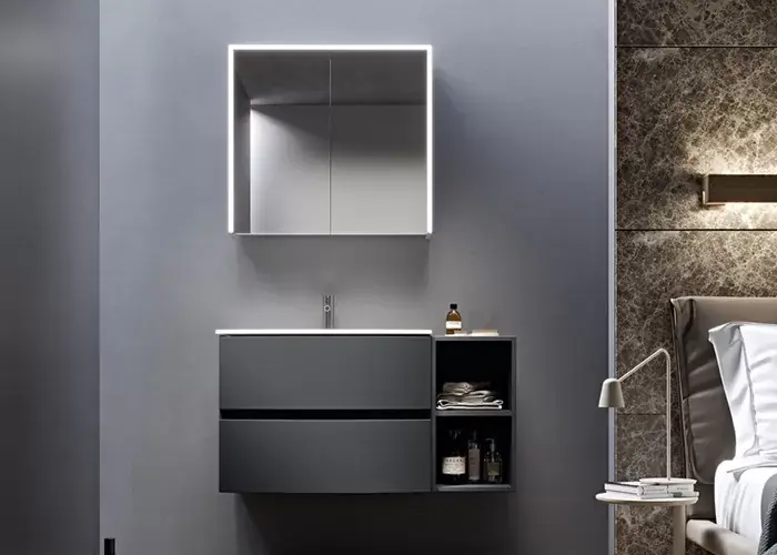 Bestseller Set mobilier de baie suspendat, cu raft lemn si lavoar ceramica, grafit (Grafite), Baden Haus Elettra 55522+55530+50132