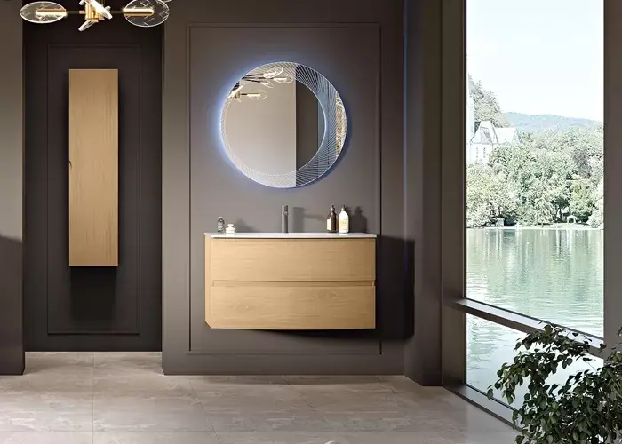 Super ofertă Set mobilier de baie suspendat, cu lavoar rasina si oglinda LED, stejar tabacco (Rovere tabacco), Baden Haus Elettra 55527+50195+45053