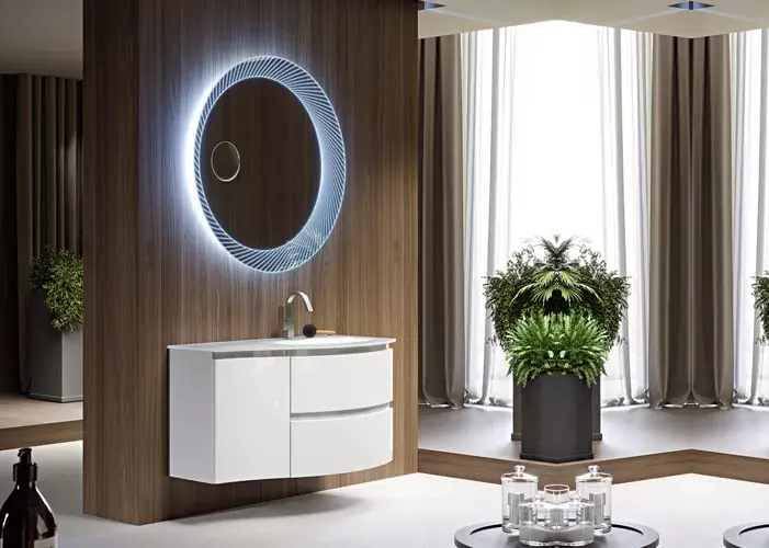 Popular Set mobilier de baie suspendat, cu lavoar sticla dreapta si oglinda LED, alb lucios (Bianco lucido), Baden Haus Vague 44220+44228+82408+45011