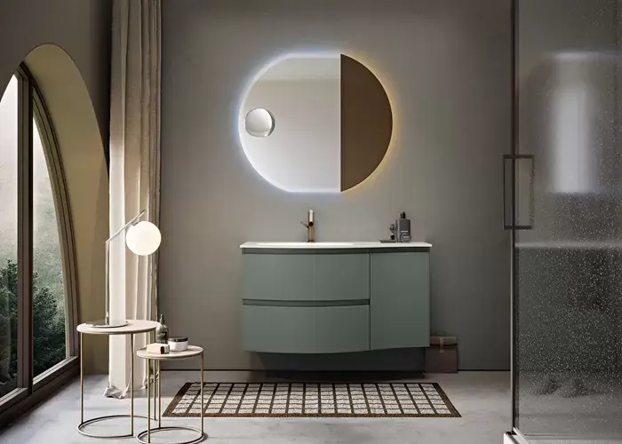 Super ofertă Set mobilier de baie suspendat, cu lavoar sticla stanga si oglinda LED, verde mat (Verde opaco), Baden Haus Vague 55275+55276+82409+45011
