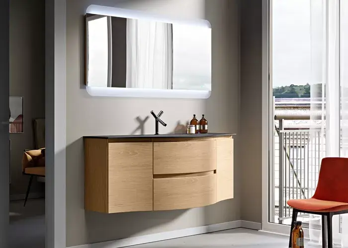 Set mobilier de baie suspendat, cu lavoar sticla si oglinda LED, stejar tabacco (Rovere tabacco), Baden Haus Vague 54834+54835+54836+82430+45006 Retur gratuit