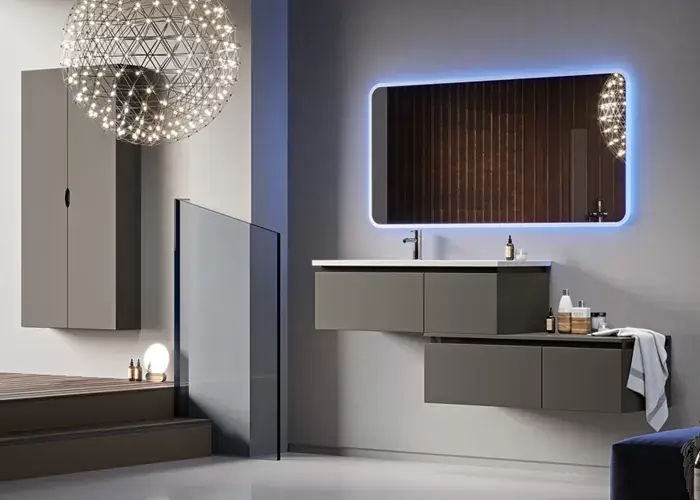 Set mobilier de baie suspendat, cu comoda si lavoar rasina, gri moale (Grigio talpa), Baden Haus Avril 54403+54406+50165 Mai ieftin
